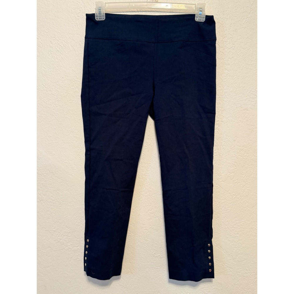 Elliott Lauren Navy Blue Pull On Crop Pants Silver Button Hem Womens 8